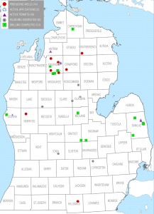 Map of Lower Peninsula high-volume fracking wells as of May 2015.
